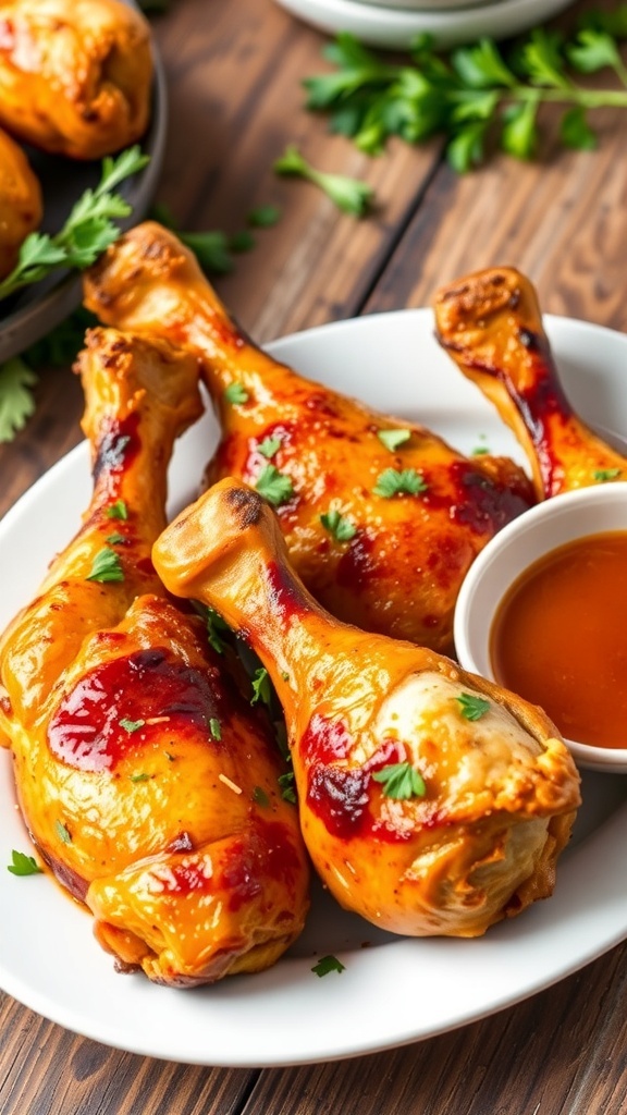 A plate of crispy baked chicken drumsticks garnished with herbs, served with dipping sauce.